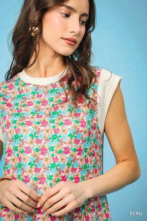Floral Sleeveless Dress with Contrast Sleeve and Neckline