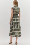 Abstract Print Sleeveless Midi Dress with Tie Waist Detail