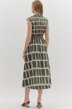 Abstract Print Sleeveless Midi Dress with Tie Waist Detail