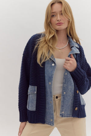 Sweater Cardigan Featuring Denim Lapel