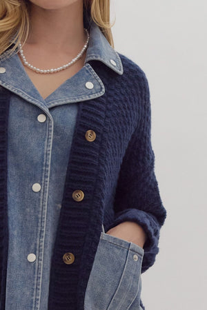 Sweater Cardigan Featuring Denim Lapel