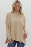 Oatmeal Laser Cut Detailed Sweater with Side Slit