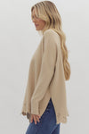 Oatmeal Laser Cut Detailed Sweater with Side Slit