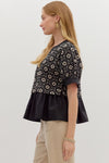Floral Jacquard Top with Ruffle Contrast Detail