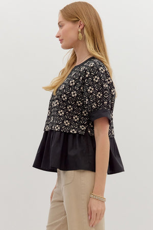 Floral Jacquard Top with Ruffle Contrast Detail