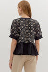 Floral Jacquard Top with Ruffle Contrast Detail