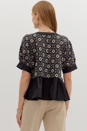 Floral Jacquard Top with Ruffle Contrast Detail