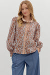 Floral Print Top with Stripe Contrast Neckline