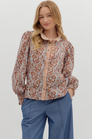 Floral Print Top with Stripe Contrast Neckline