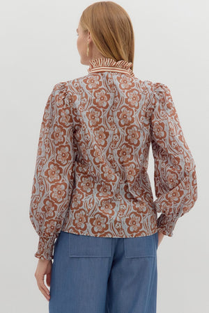Floral Print Top with Stripe Contrast Neckline