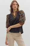 Black Top with Floral Embroidery & Neckline Detail