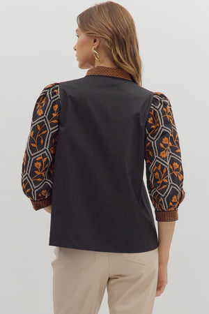 Black Top with Floral Embroidery & Neckline Detail