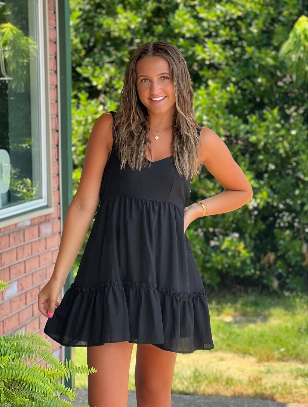 Black Tiered Dress with Ruched Straps