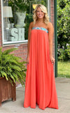 Coral Strapless Jumpsuit with Detailed Neckline