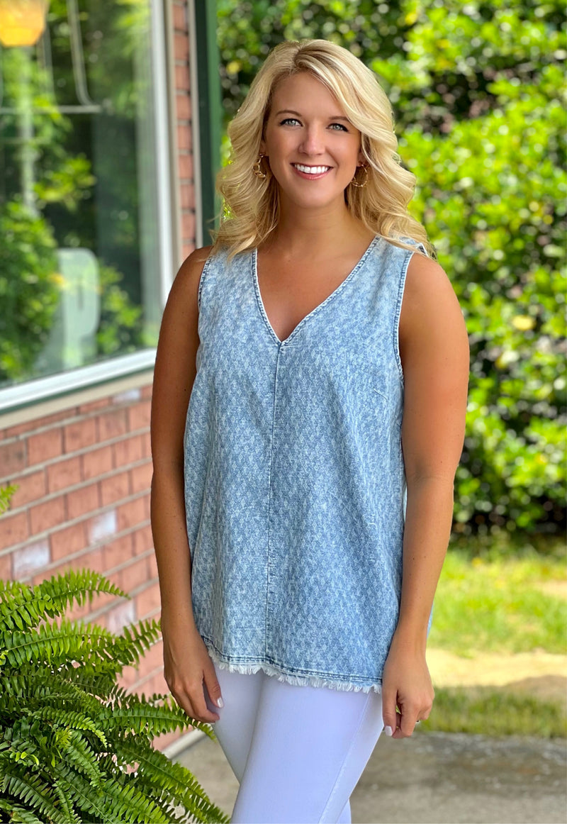 Chambray Tank with Frayed Bottom