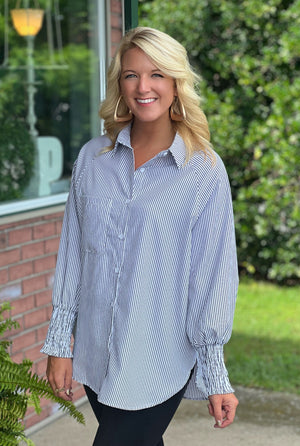 Stripe Button Down Top with Ruched Sleeves