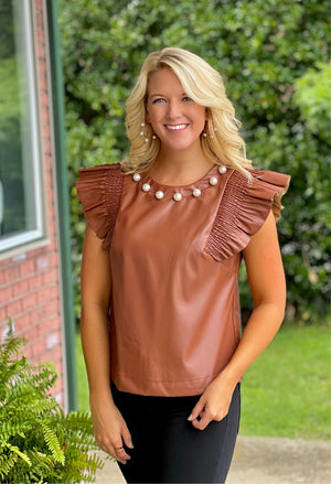Camel Pleather Pearl Detail Top