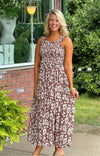 Brown Smocked Printed Midi Dress