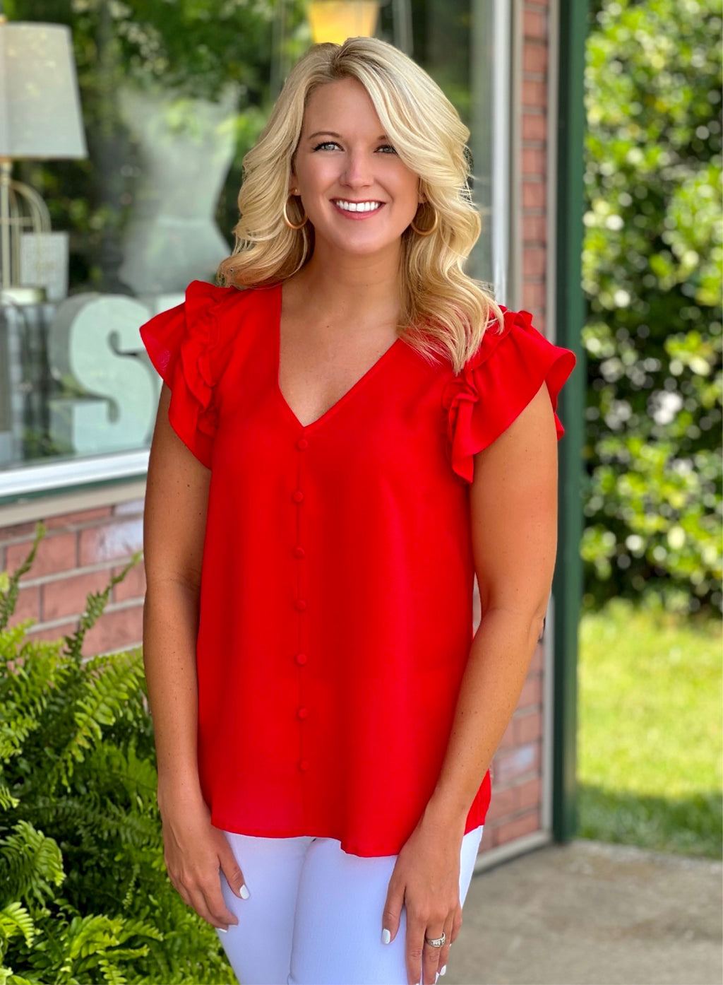 Red Ruffle Sleeve Top with Button Detail