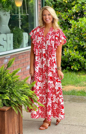 Red Floral Midi Dress with Flutter Sleeves
