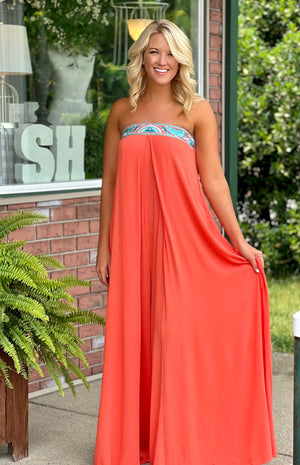 Coral Strapless Jumpsuit with Detailed Neckline