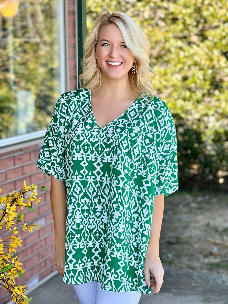 Green & White Printed Top