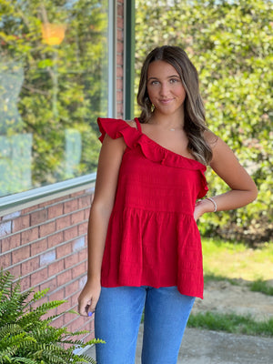 Red Ruffle One Shoulder Top