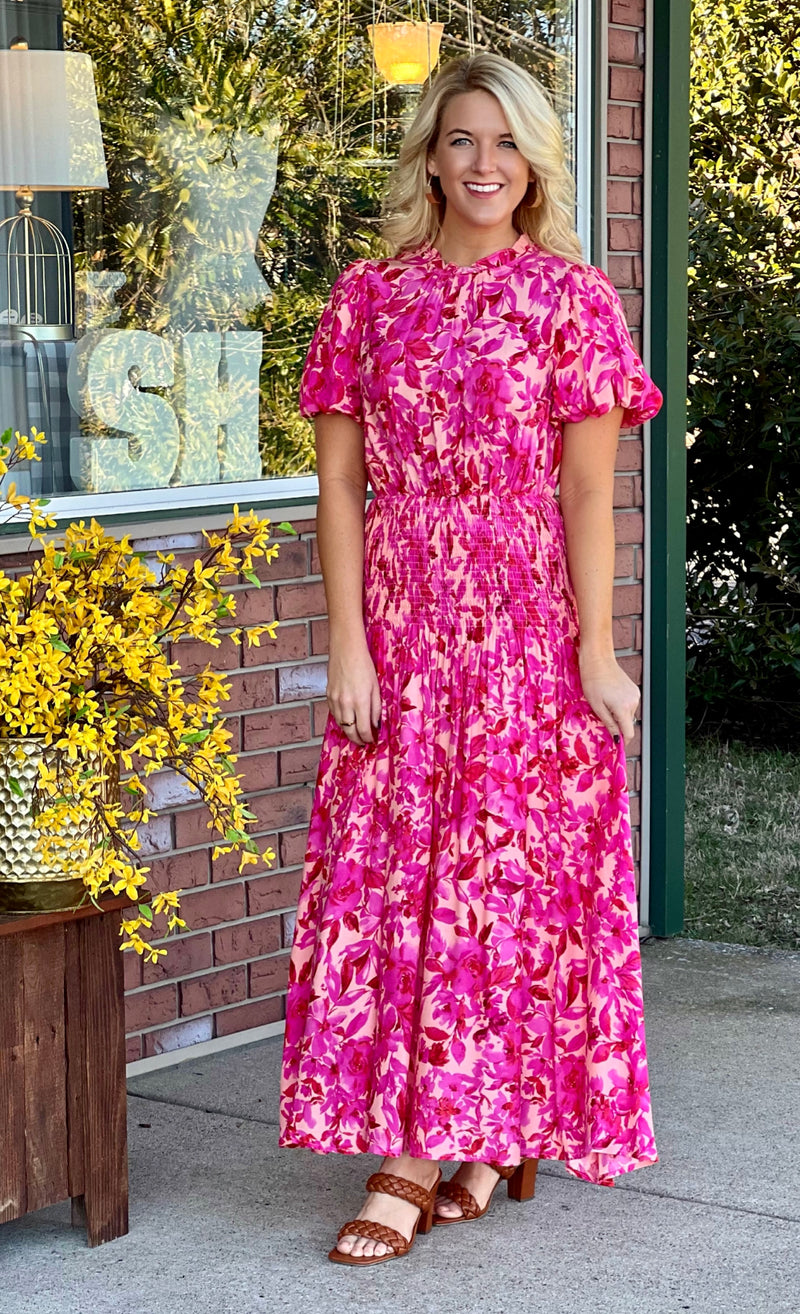 Pink Floral Midi Dress with Smocked Waist Detail