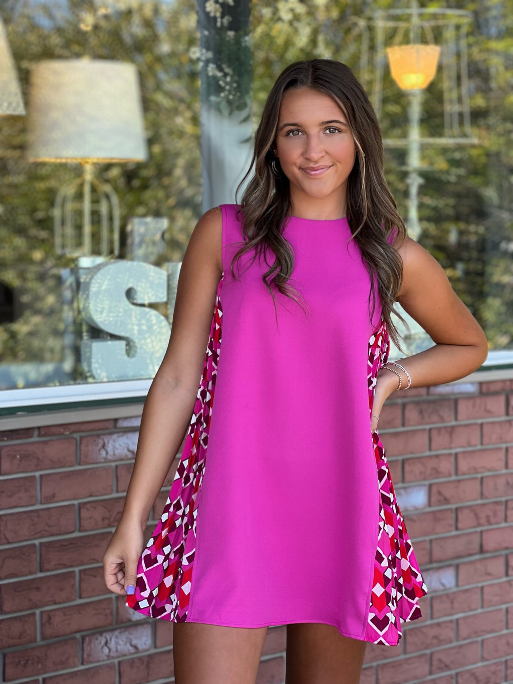Pink Dress with Printed Side Pleat
