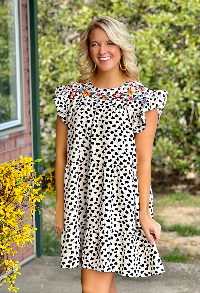 Spotted Ruffle Dress with Embroidery Detail