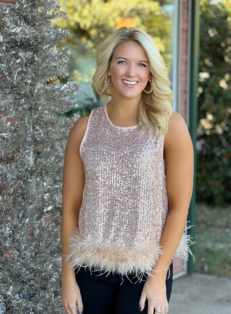 Rose Gold Sequin Tank with Feather Detail *FINAL SALE*