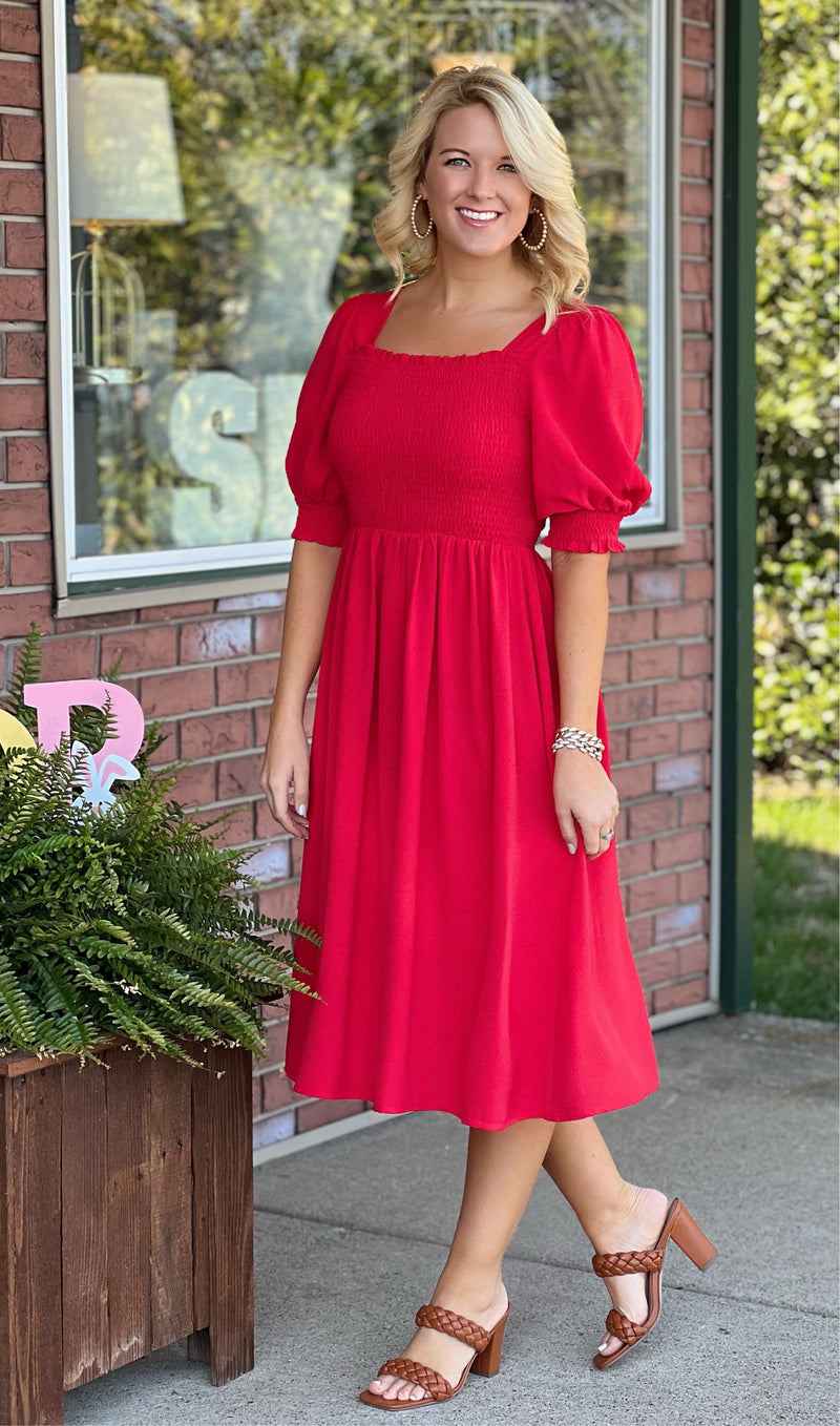 Red Smocked Midi Dress