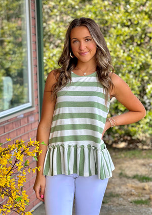 Green Striped Tank with Button Back