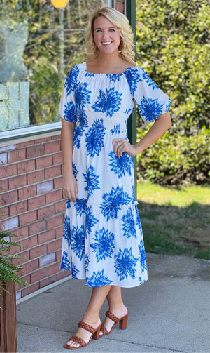 Blue & White Burst Printed Dress