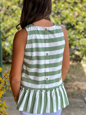 Green Striped Tank with Button Back