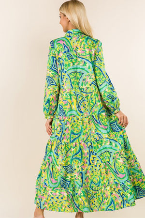 Green Multi Print Tiered Dress