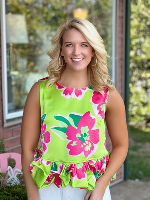 Lime Green & Pink Floral Bubble Top